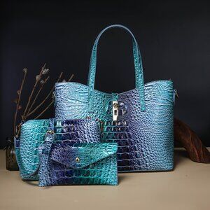 Set of 3: Crocodile Vegan Leather Tote And Crossbody Bags & Wallet